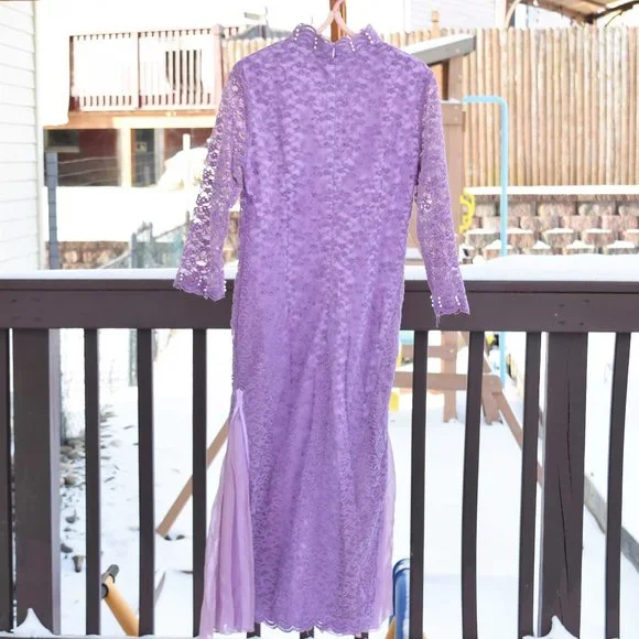 【SOLD】Purple Lace Qipao Midi A-Line Dress - Chinese Traditional Cheongsam - Picture 5 of 6
